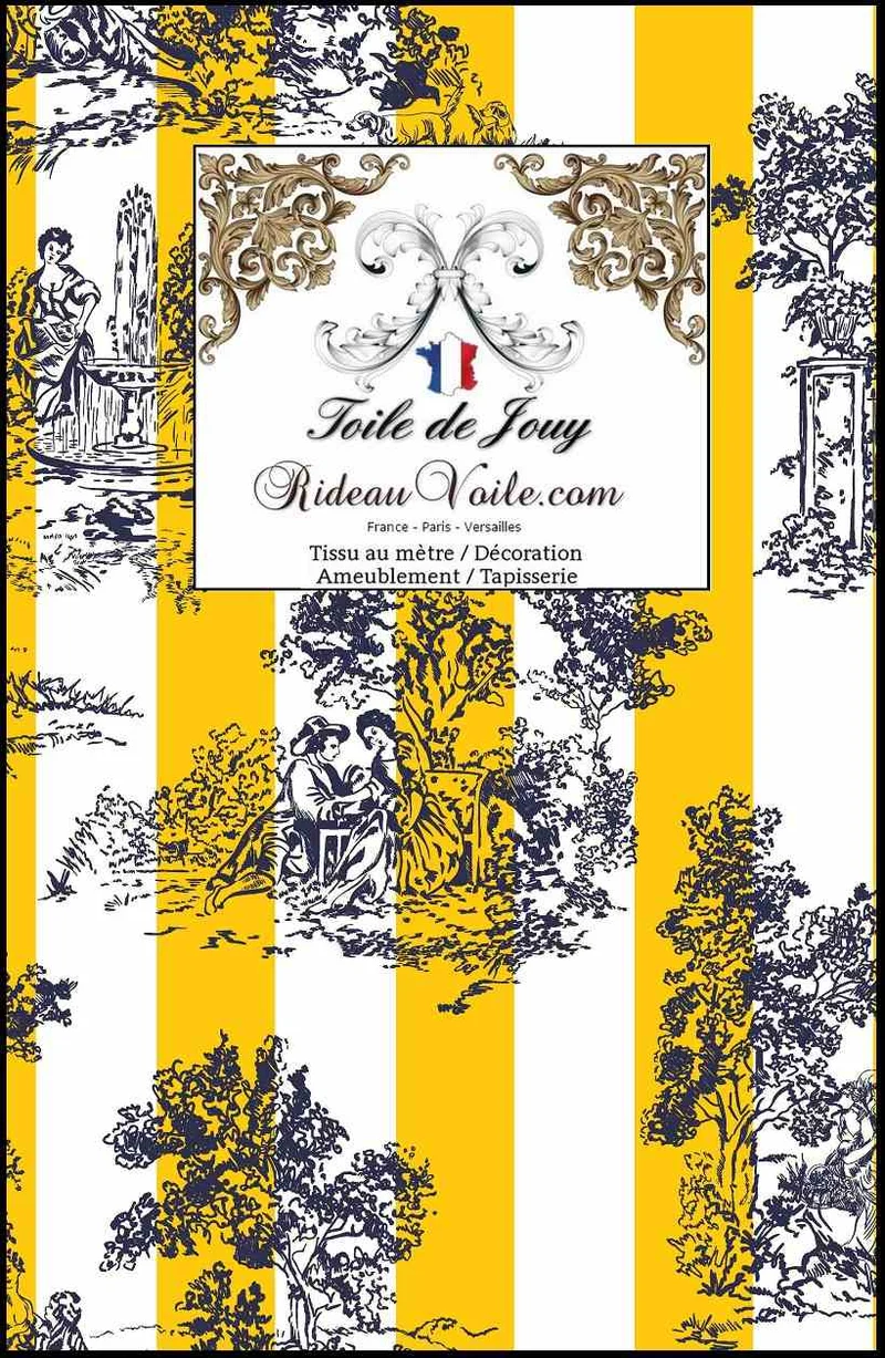Comptoir tissu déco tapisserie Toile de Jouy motif rayures jaune