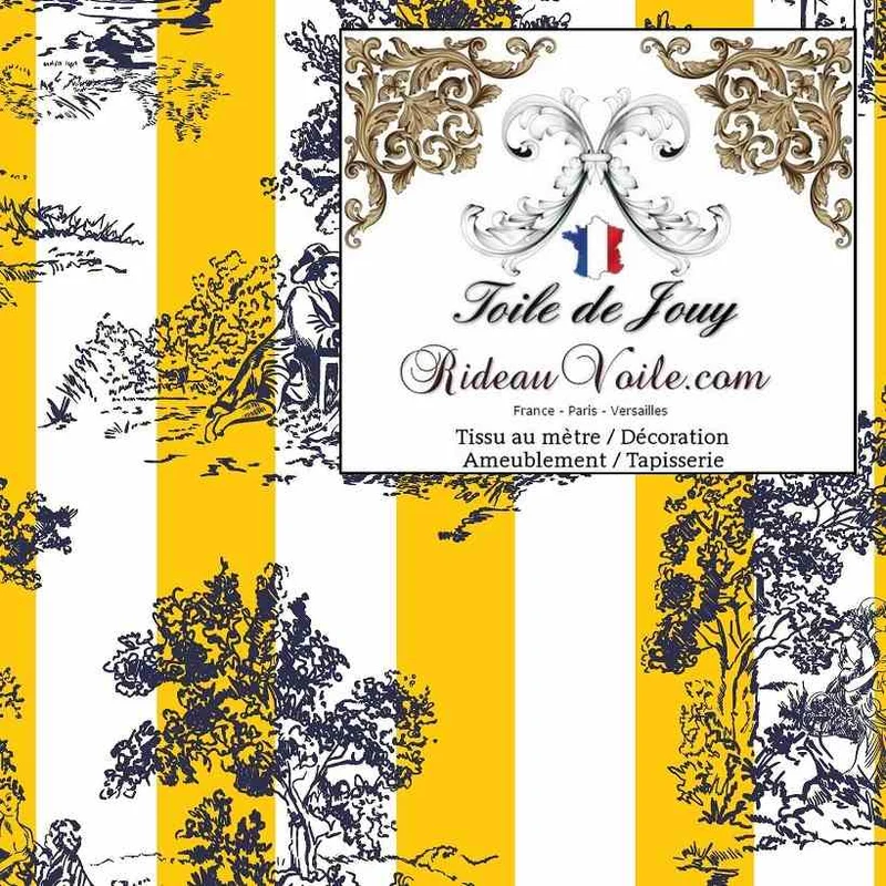 Comptoir tissu déco tapisserie Toile de Jouy motif rayures jaune