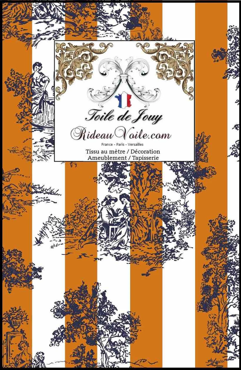 Tissu décoration tapisserie Toile de Jouy ameublement au mètre motif rayure orange