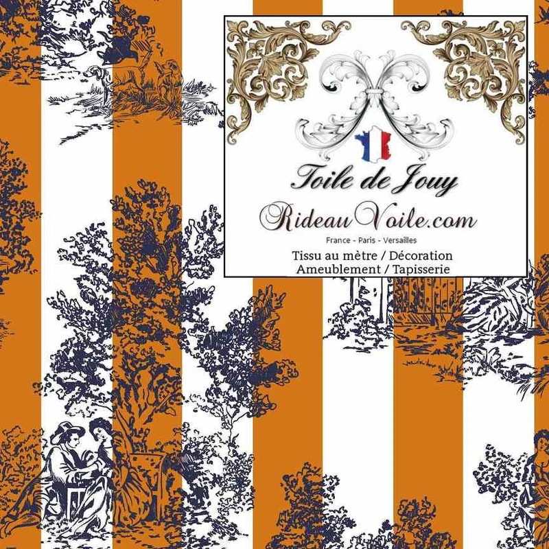 Tissu décoration tapisserie Toile de Jouy ameublement au mètre motif rayure orange