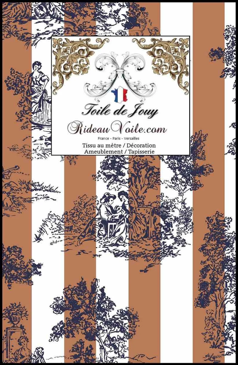 Tissu imprimé Toile de Jouy d'ameublement intérieur mètre motif rayures noisette