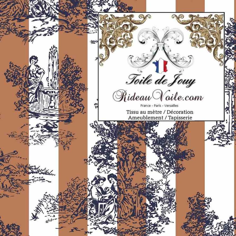 Tissu imprimé Toile de Jouy d'ameublement intérieur mètre motif rayures noisette