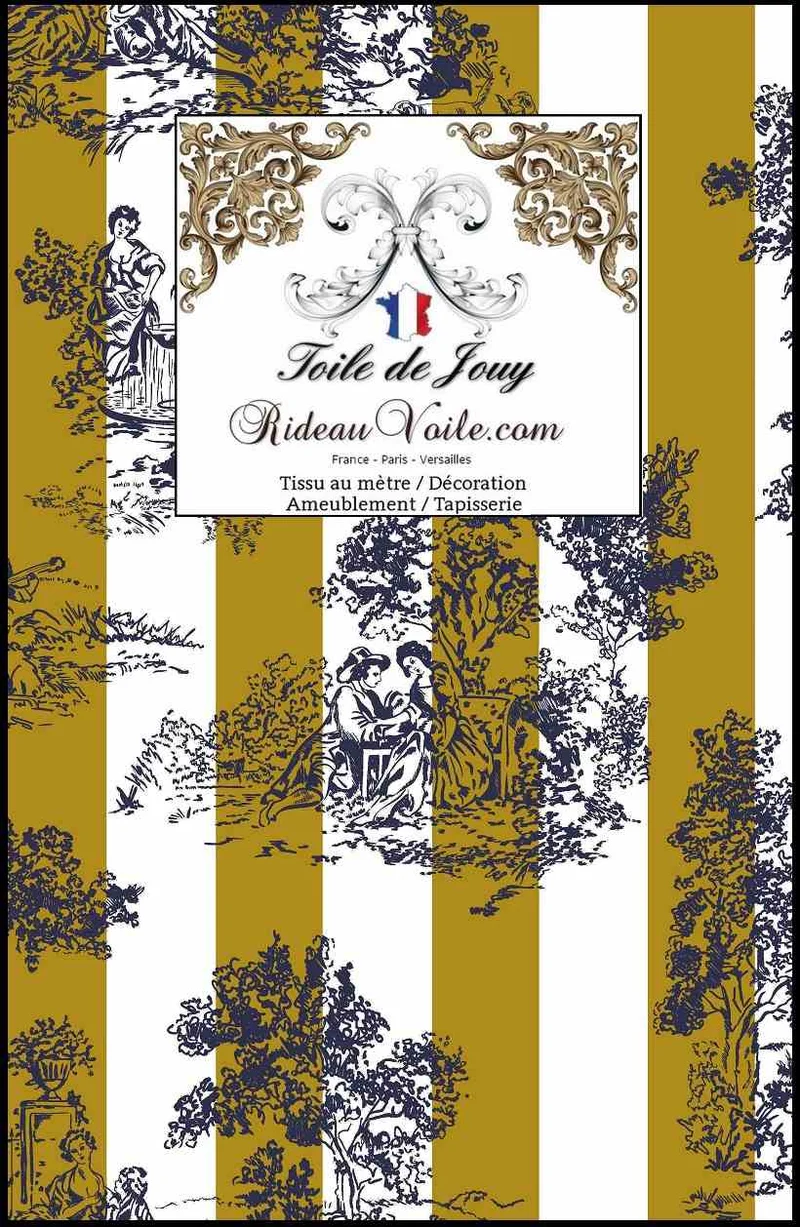 Imprimé Toile de Jouy d'ameublement intérieur mètre motif rayures vert olive