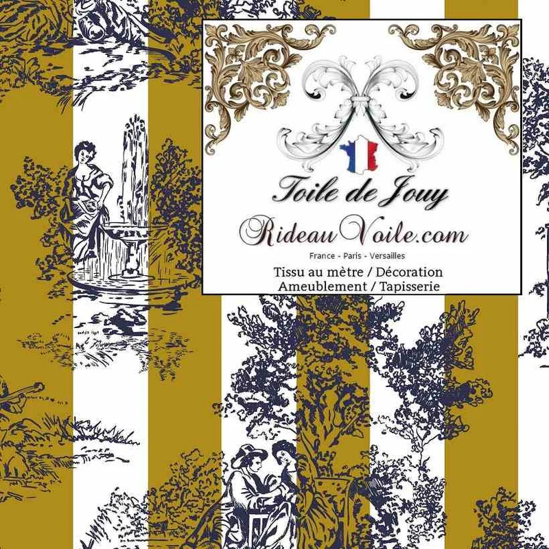 Imprimé Toile de Jouy d'ameublement intérieur mètre motif rayures vert olive