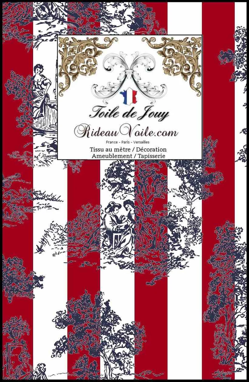 Imprimé Toile de Jouy tissu d'ameublement intérieur au mètre motif à rayures ROUGE