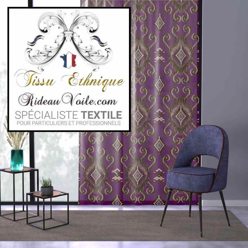 Tissu occultant intérieur ameublement design Ikat Africain violet motif rideau ignifuge