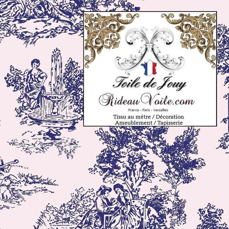 Atelier manufacture luxe Française style Toile de Jouy bleu rose imprimé coton mètre