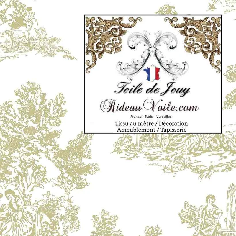 Tissu ameublement intérieur type Toile de Jouy vert imprimé coton architecte rénovation