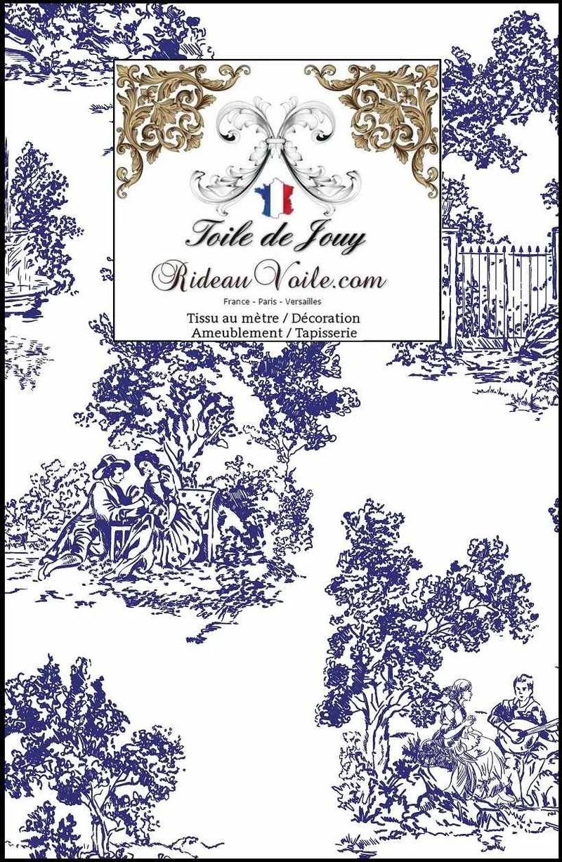 Toile de Jouy bleu Marine imprimé coton tissu ameublement intérieur architecte rénovation