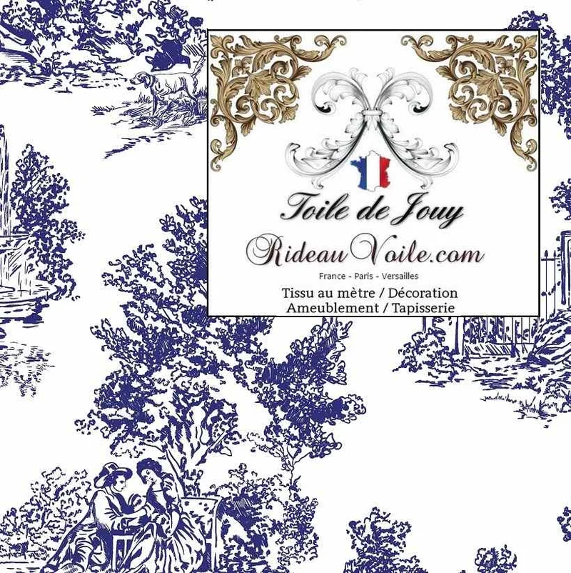 Toile de Jouy bleu Marine imprimé coton tissu ameublement intérieur architecte rénovation