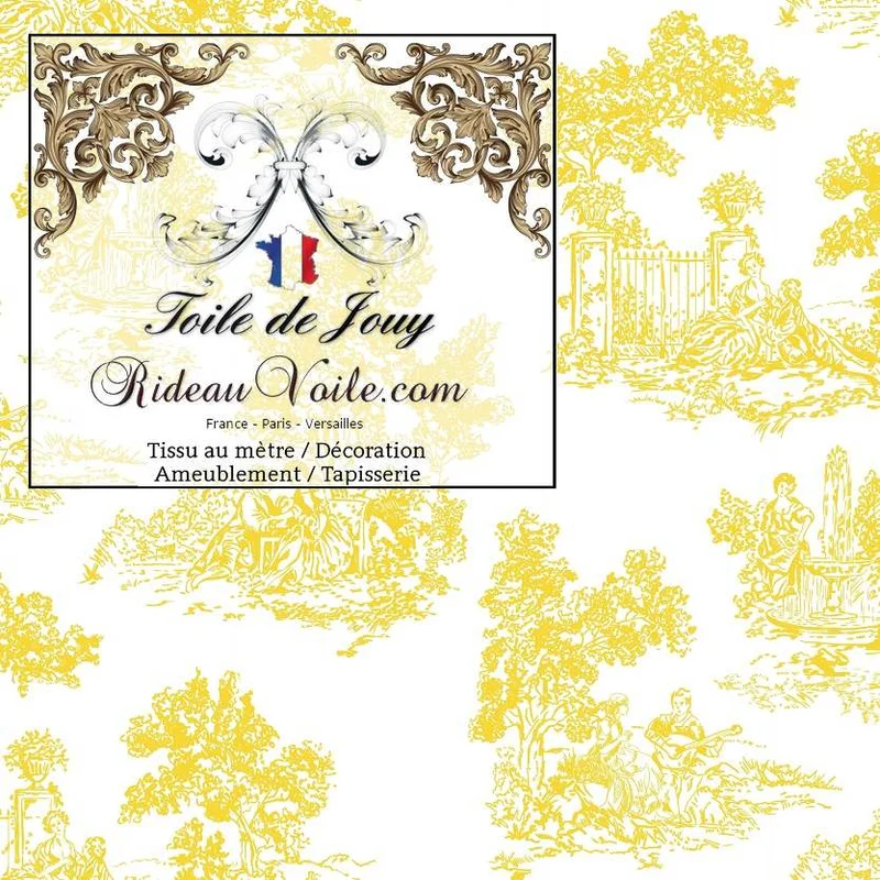 Boutique Toile de Jouy jaune imprimé coton tissu d'ameublement intérieur rideau mètre