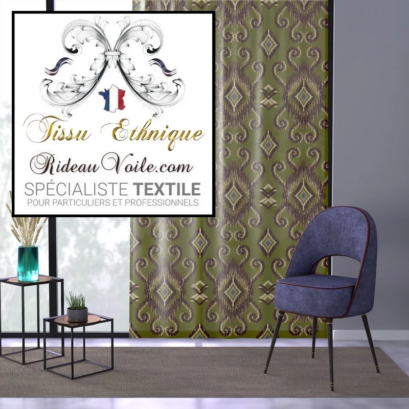 Tissu occultant intérieur ameublement design Ikat Africain vert motif rideau ignifuge