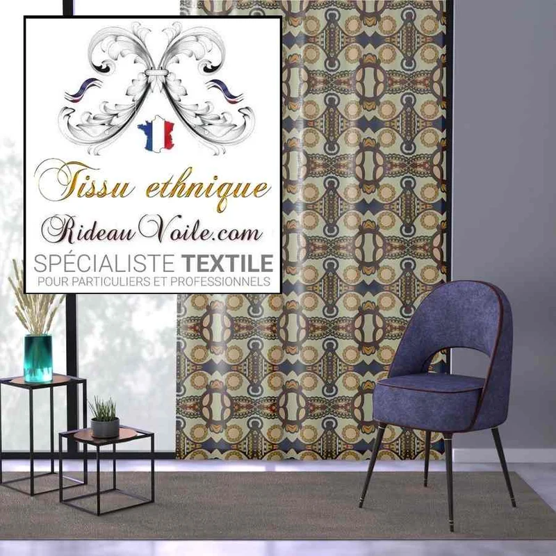 Tissu d'ameublement inspiration ethnique motif Africain au mètre rideau occultant voilage
