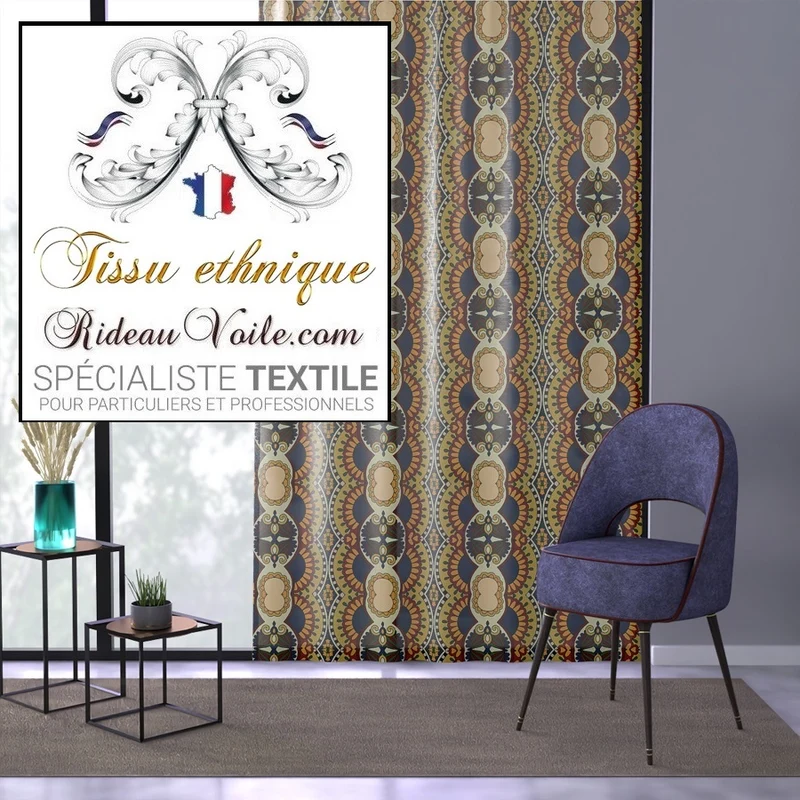 Tissu d'ameublement inspiration ethnique motif Africain au mètre rideau occultant voilage