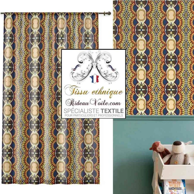Tissu d'ameublement inspiration ethnique motif Africain au mètre rideau occultant voilage