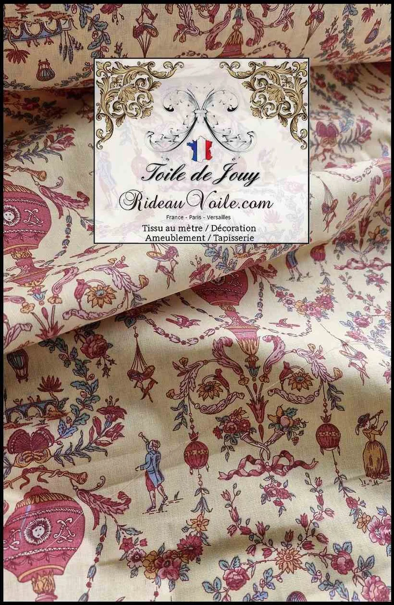 Toile légère 100% coton cretonne mètre motif Toile de Jouy déco imprimé ballon Montgolfière