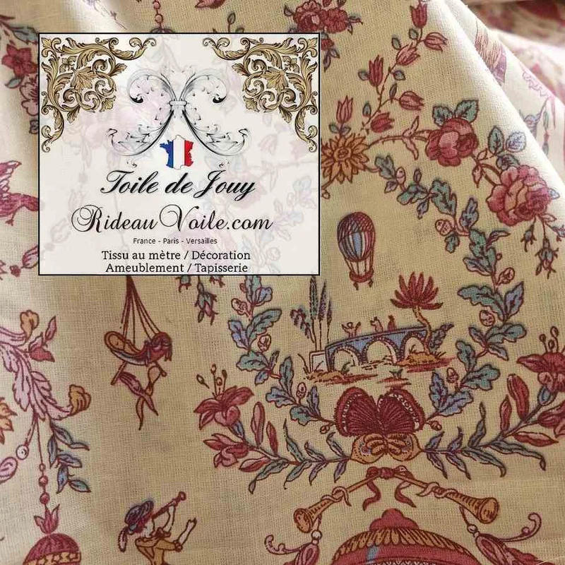 Toile légère 100% coton cretonne mètre motif Toile de Jouy déco imprimé ballon Montgolfière