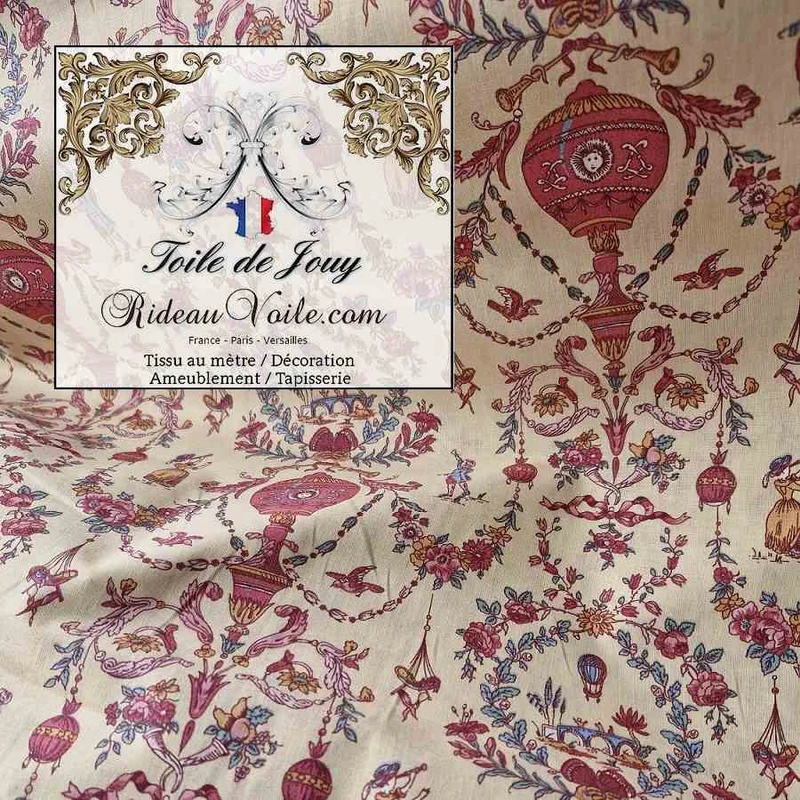 Toile légère 100% coton cretonne mètre motif Toile de Jouy déco imprimé ballon Montgolfière