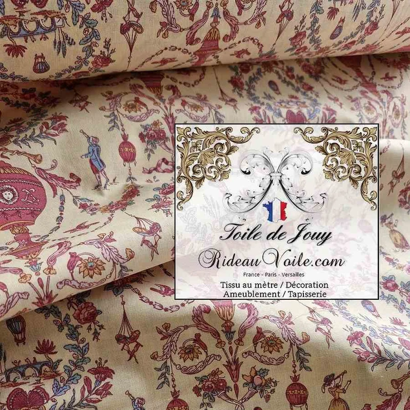Toile légère 100% coton cretonne mètre motif Toile de Jouy déco imprimé ballon Montgolfière