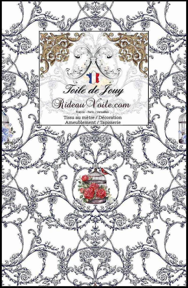 Textile Français luxe d'ameublement mètre motif Toile de Jouy décoration motif oiseaux