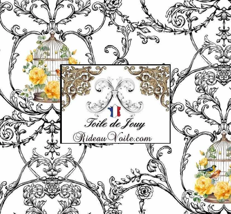 Textile Français ameublement mètre motif Toile de Jouy décoration motif oiseaux fleurs