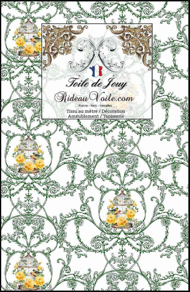 Boutique tissu d'éditeur ameublement mètre motif Toile de Jouy vert motif oiseaux, fleurs