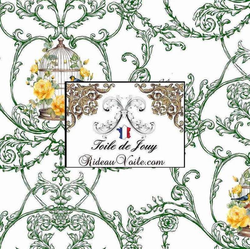 Boutique tissu d'éditeur ameublement mètre motif Toile de Jouy vert motif oiseaux, fleurs