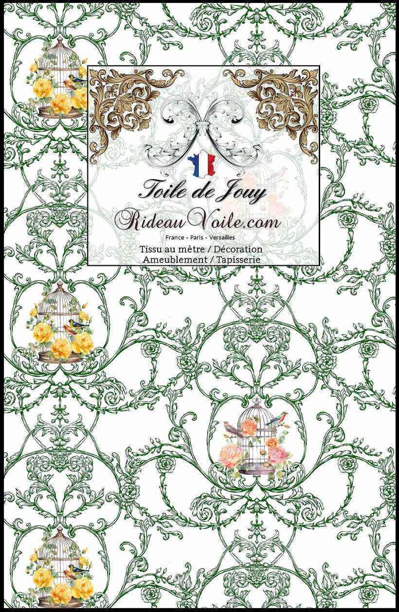 Boutique tissu ameublement Toile de Jouy motif oiseaux & fleur rideau vert jaune rose