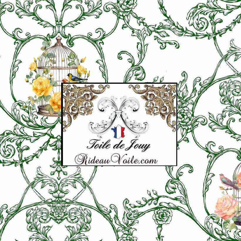Boutique tissu ameublement Toile de Jouy motif oiseaux & fleur rideau vert jaune rose