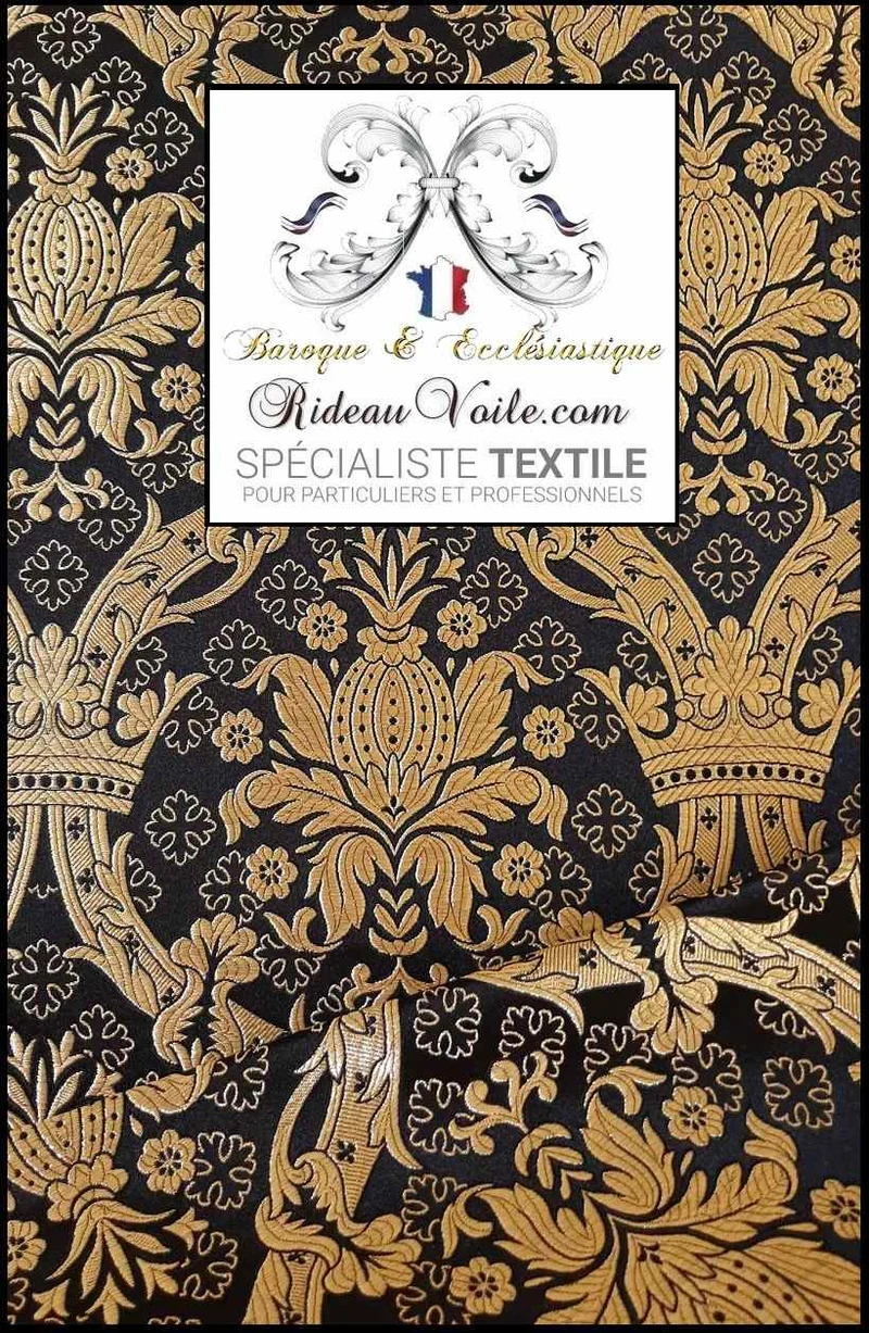 Tissu ameublement Brocart Damasco Baroque Liturgique broderie Noir Or mètre rideau