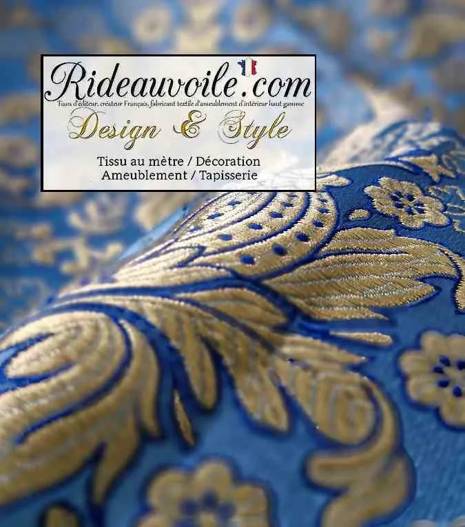 Tissu ameublement Médiéval Brocart Damasco vintage Baroque Liturgique Bleu Or