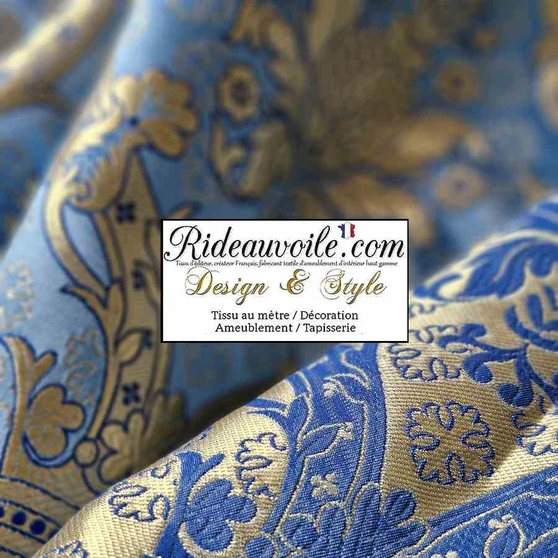 Tissu ameublement Médiéval Brocart Damasco vintage Baroque Liturgique Bleu Or