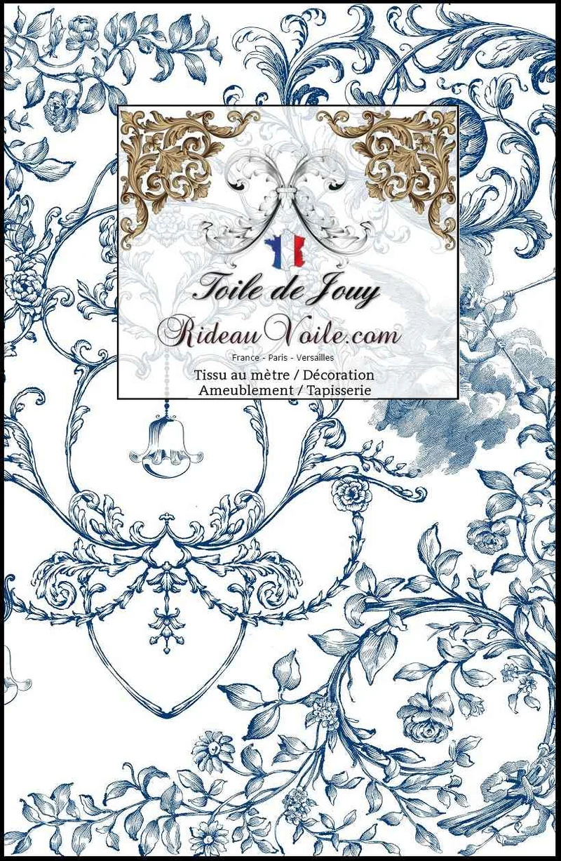 Imprimé luxe intérieur Toile de Jouy tissu ameublement fleurs feuilles anges bleu