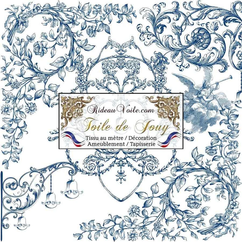 Imprimé luxe intérieur Toile de Jouy tissu ameublement fleurs feuilles anges bleu