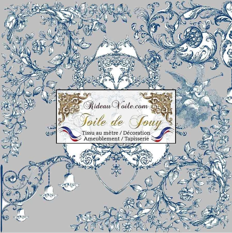 Tissu Design Toile de Jouy bleu gris ameublement imprimé florale fleurs feuilles anges