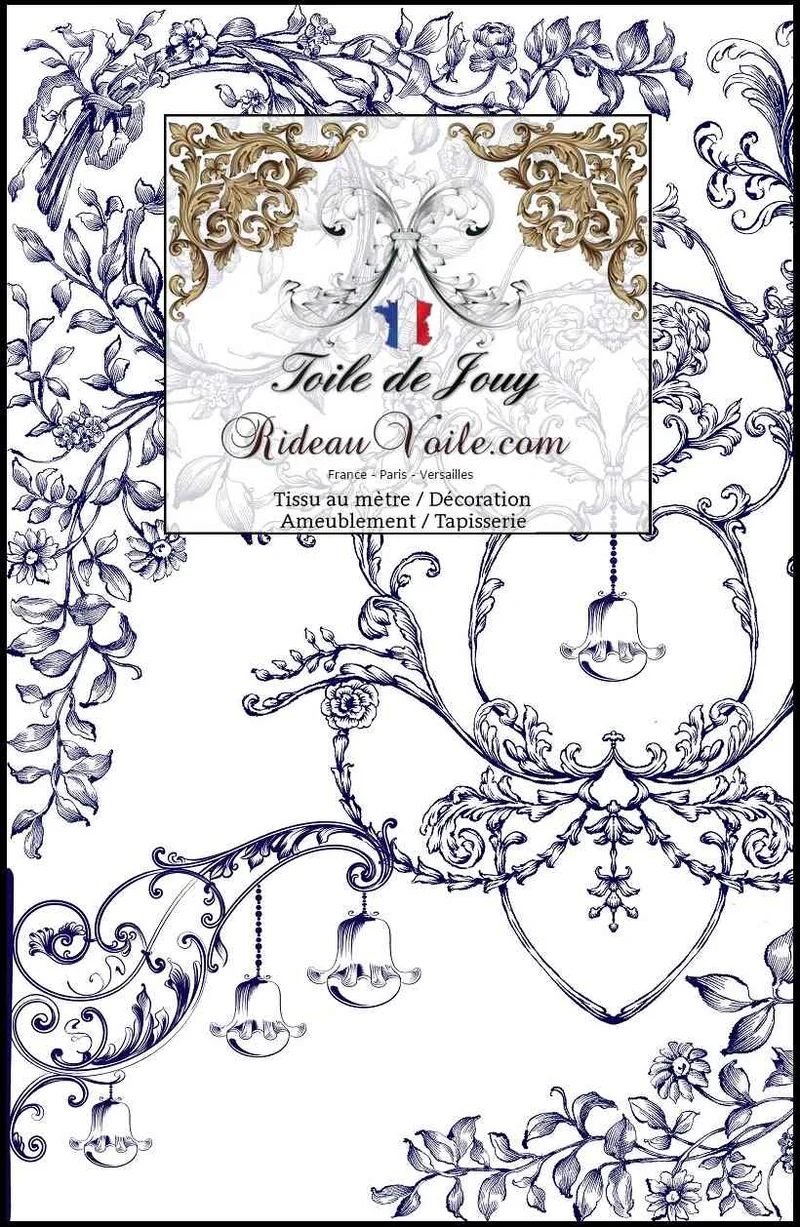 Toile de Jouy tissu ameublement imprimé florale arabesque fleurs feuilles angelots bleu