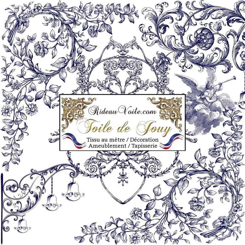 Toile de Jouy tissu ameublement imprimé florale arabesque fleurs feuilles angelots bleu