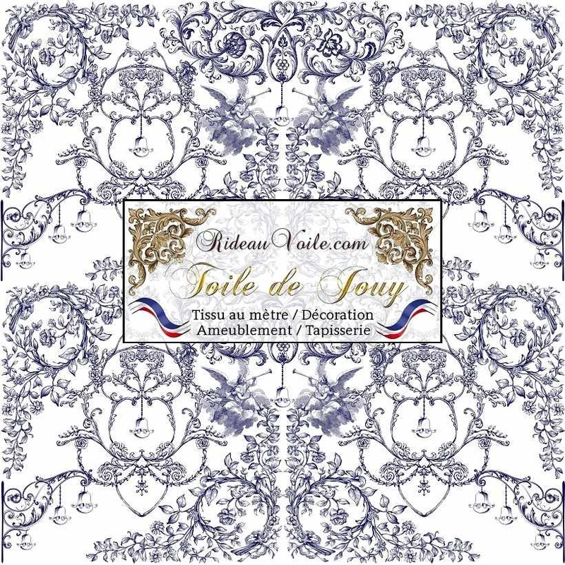 Toile de Jouy tissu ameublement imprimé florale arabesque fleurs feuilles angelots bleu