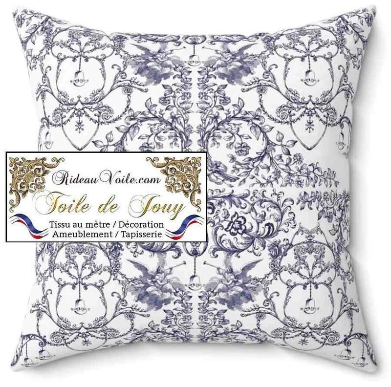 Toile de Jouy tissu ameublement imprimé florale arabesque fleurs feuilles angelots bleu