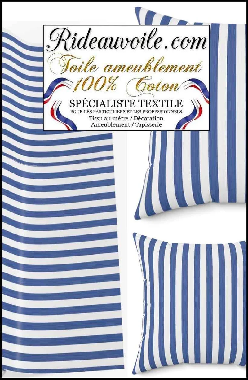 Toile à tapissier solide coton ameublement lignes rayures bleu au mètre rideau sur mesure