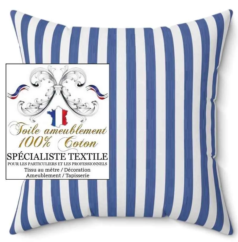 Toile à tapissier solide coton ameublement lignes rayures bleu au mètre rideau sur mesure