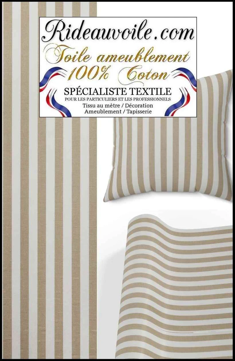 Toile à tapissier solide coton ameublement lignes rayures sable au mètre rideau sur mesure