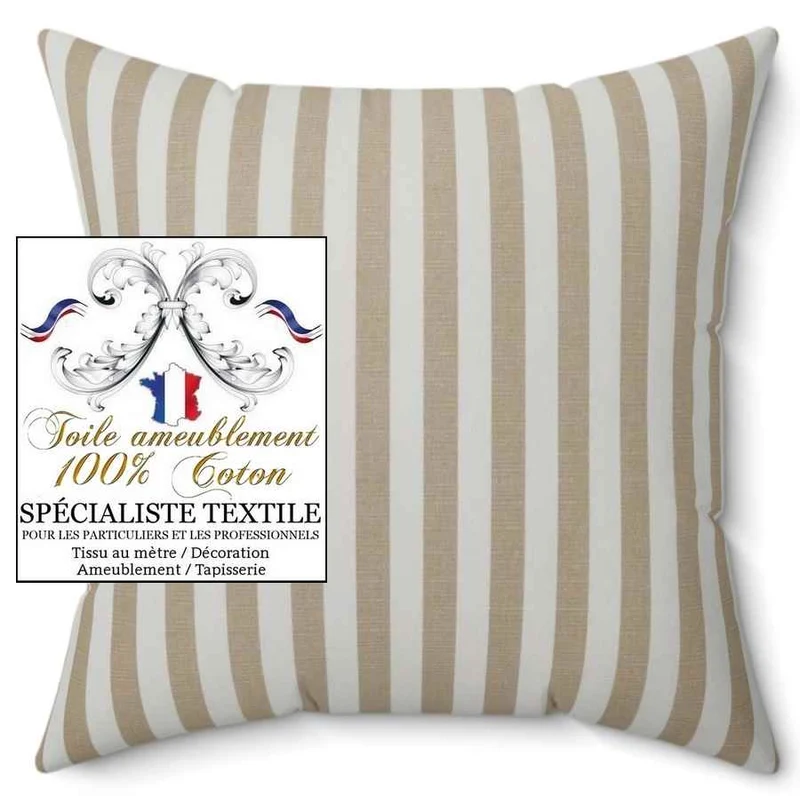 Toile à tapissier solide coton ameublement lignes rayures sable au mètre rideau sur mesure