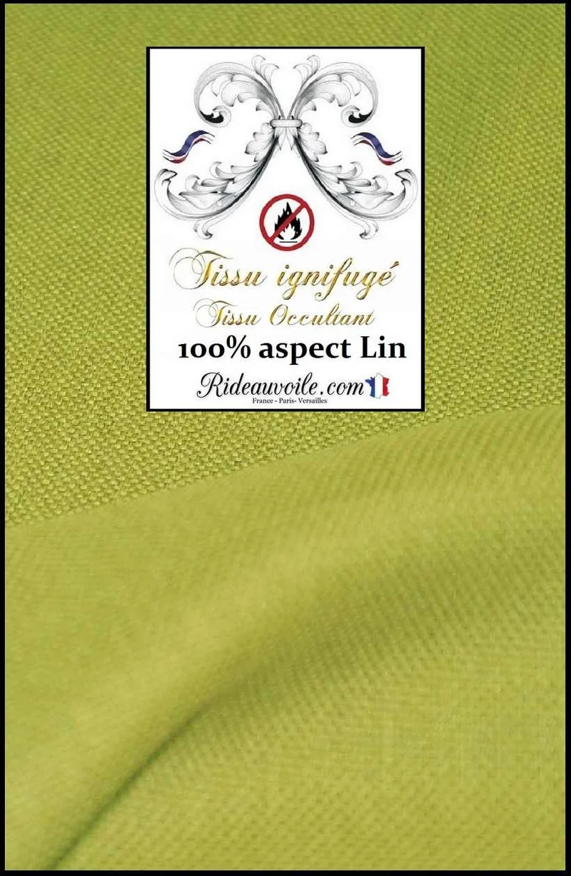 Tissu occultant au mètre ameublement intérieur rideau effet lin naturel vert ignifuge