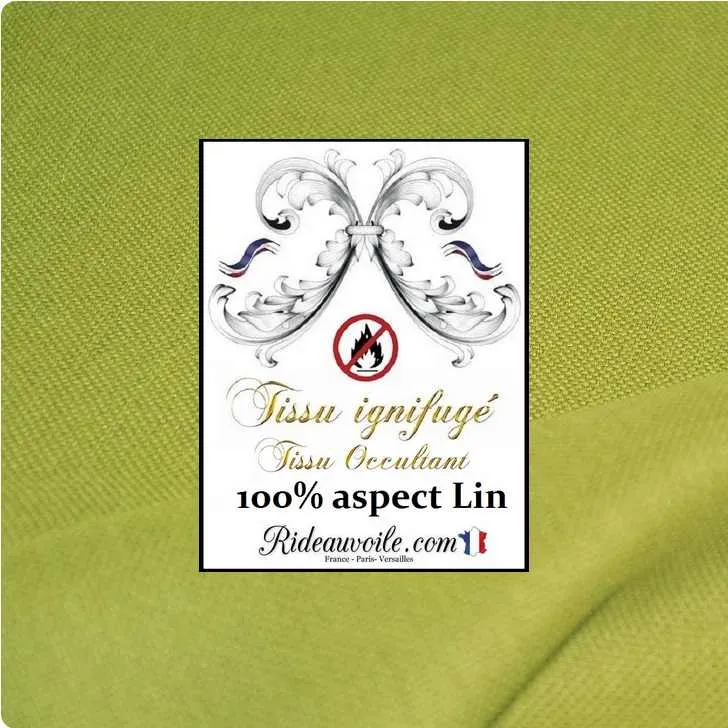 Tissu occultant au mètre ameublement intérieur rideau effet lin naturel vert ignifuge
