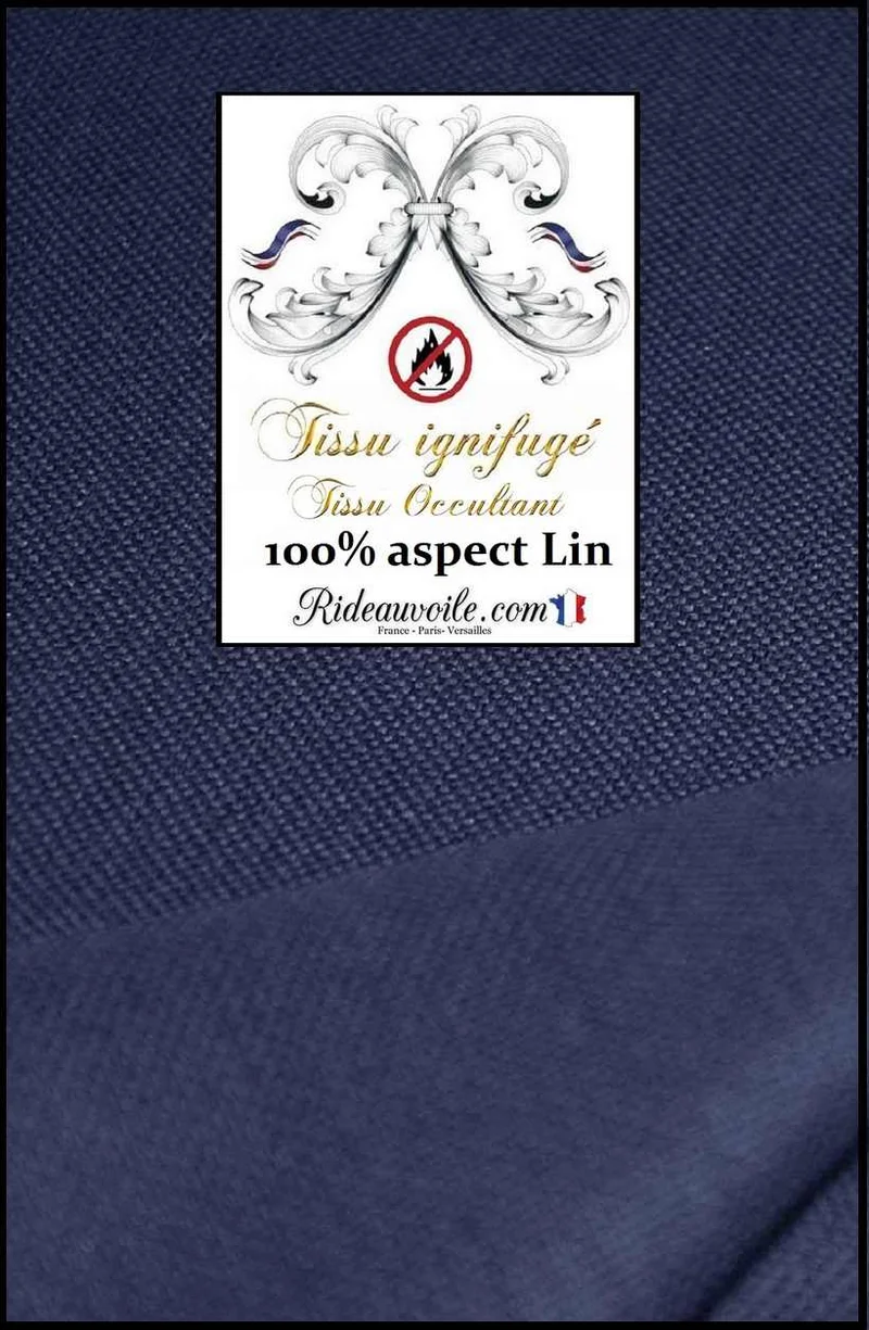 Tissu occultant au mètre ameublement intérieur rideau effet lin naturel bleu ignifuge