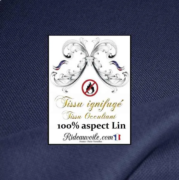 Tissu occultant au mètre ameublement intérieur rideau effet lin naturel bleu ignifuge