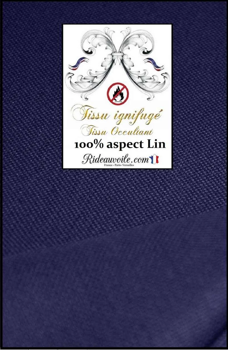 Tissu occultant mètre ameublement Aspect effet lin naturel bleu marine ignifuge