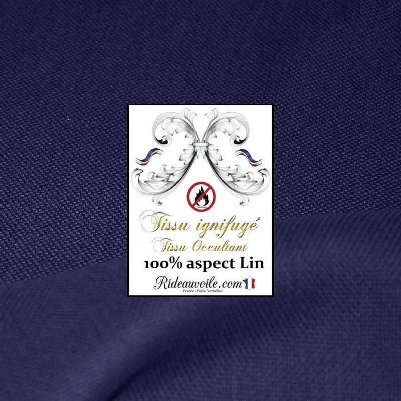 Tissu occultant mètre ameublement Aspect effet lin naturel bleu marine ignifuge