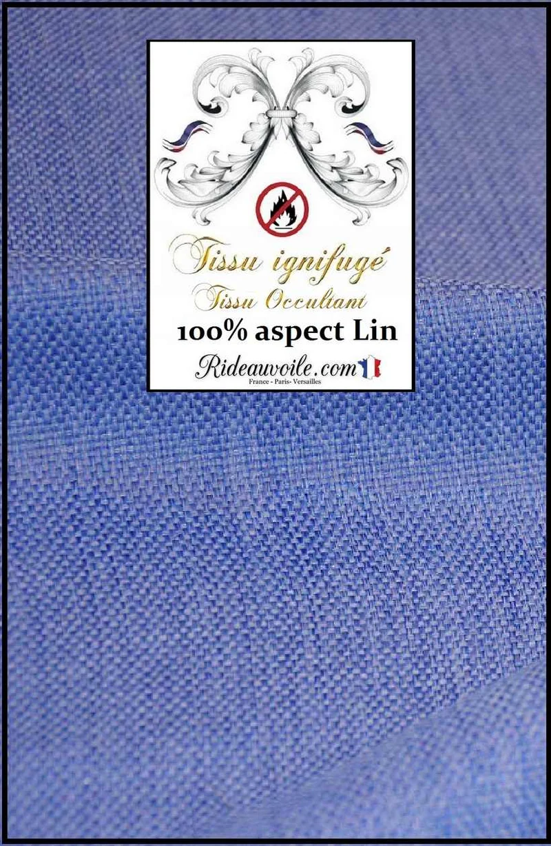 Tissu occultant au mètre ameublement Aspect effet lin naturel BLEU ignifuge